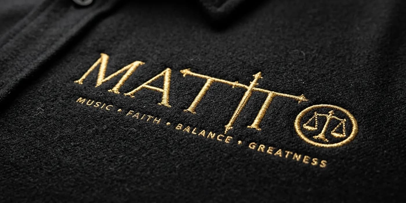 Gold Matto embroidery stitched into black cotton, close up