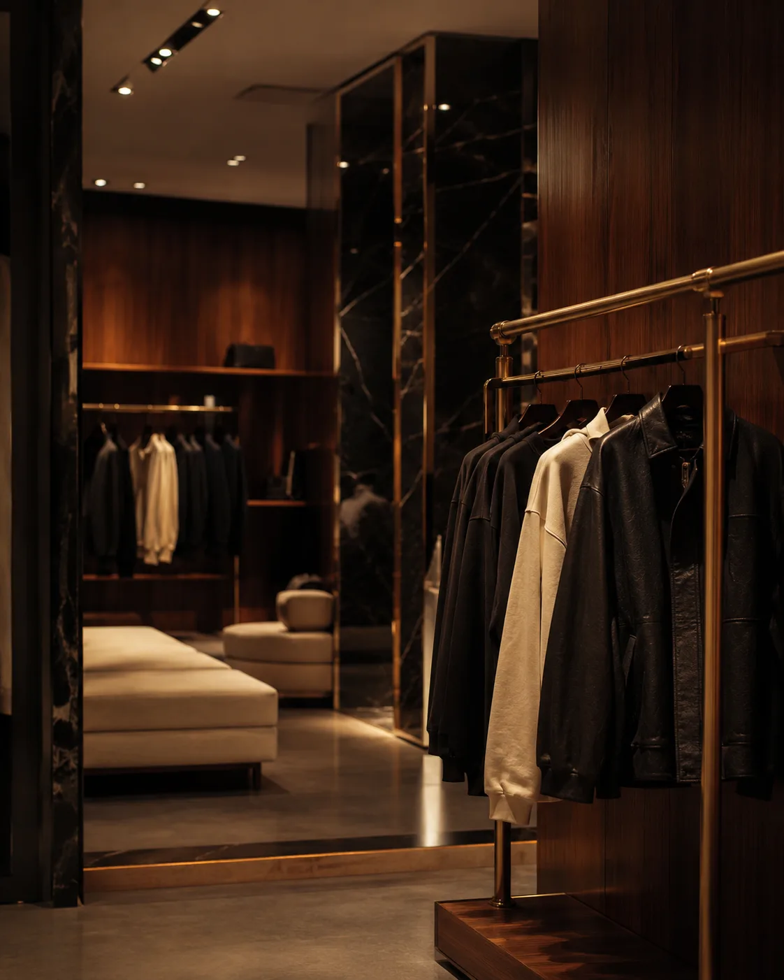 Inside the Matto store: brass rails, walnut panelling and low warm light