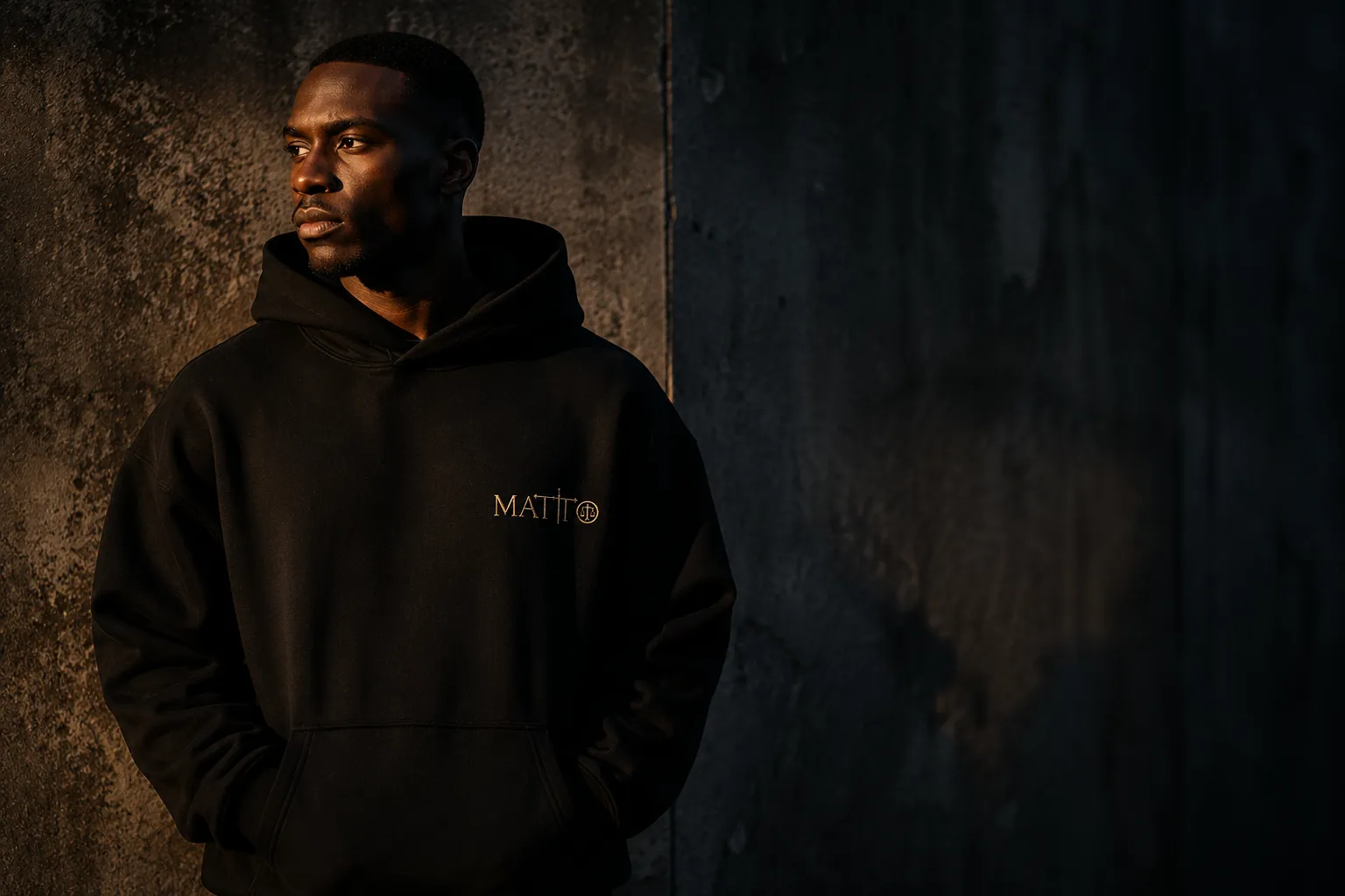 A man in a black Matto hoodie against a concrete wall at dusk