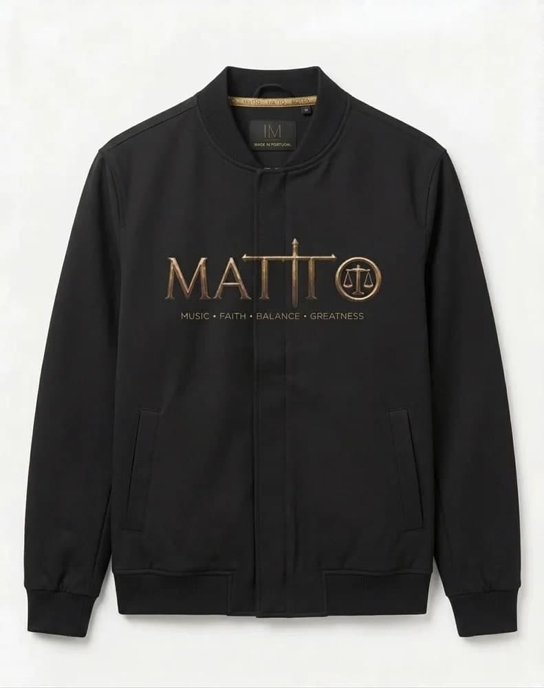 Black Matto bomber jacket with the gold logo across the chest