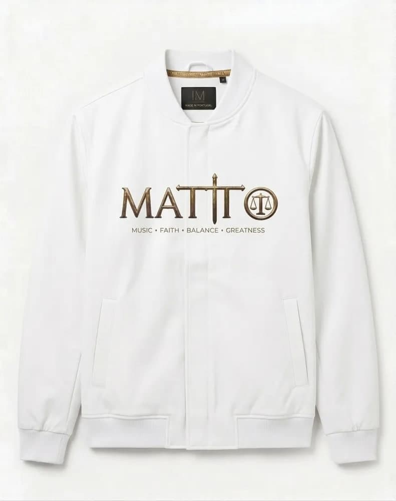 White Matto bomber jacket with the gold logo across the chest