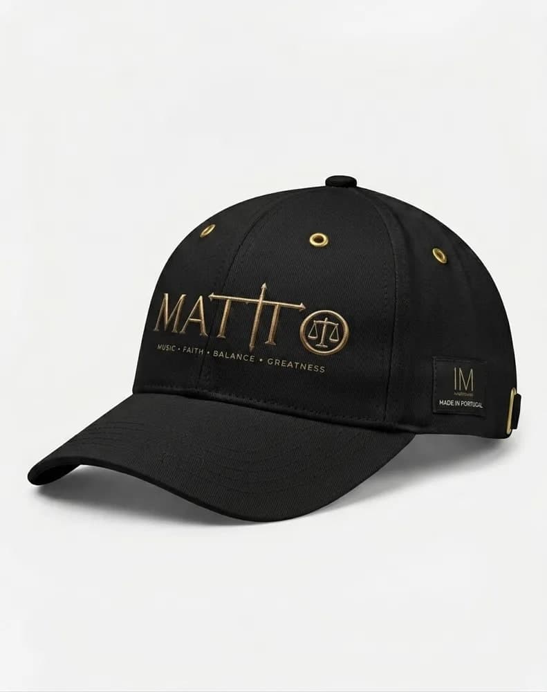 Black Matto six-panel cap with gold embroidered logo
