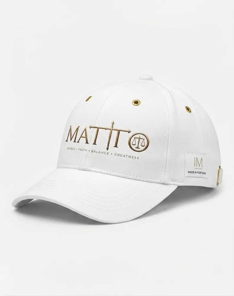 White Matto six-panel cap with gold embroidered logo