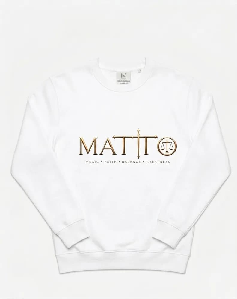 White Matto crewneck with the gold logo across the chest