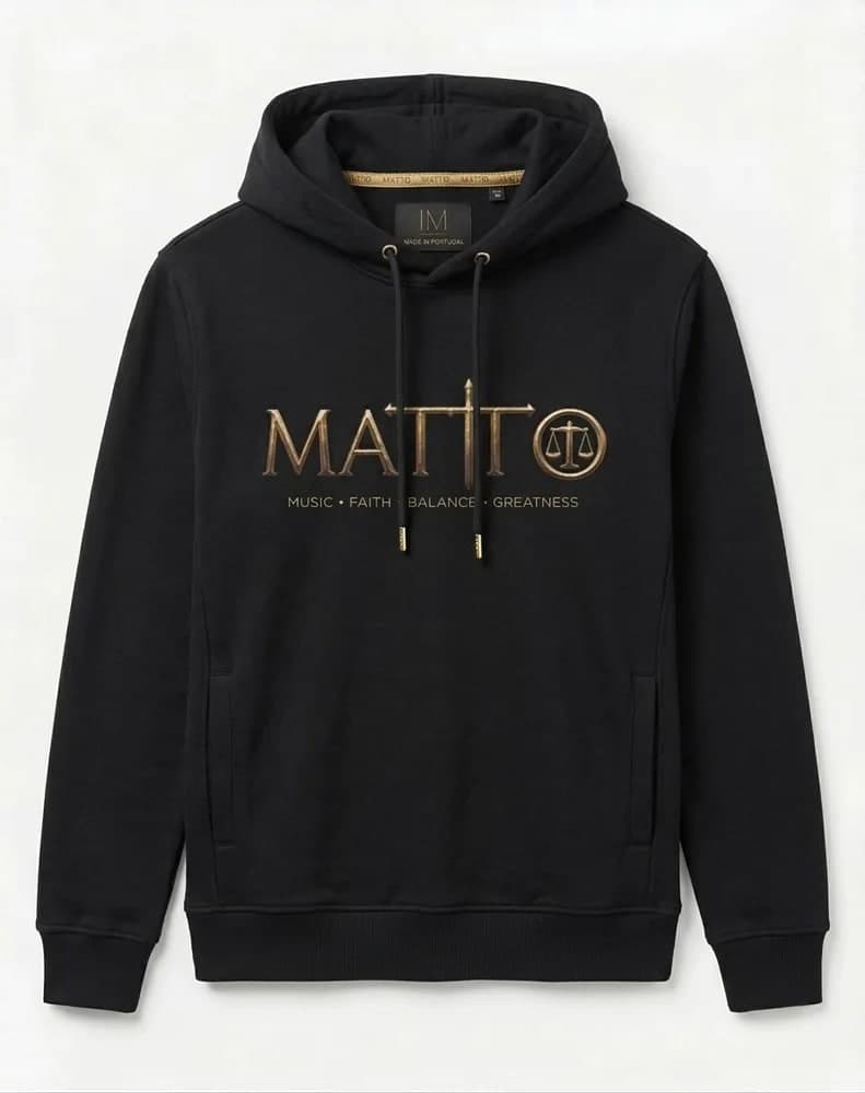 Black Matto hoodie with the gold logo across the chest
