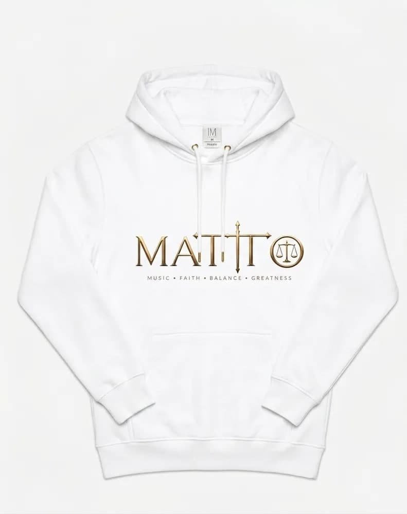 White Matto hoodie with the gold logo across the chest