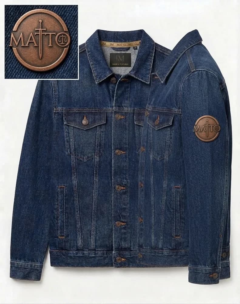 Indigo denim Matto trucker jacket with a cast metal sleeve badge