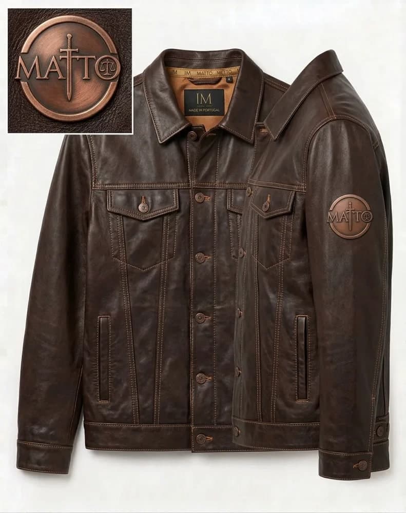 Brown leather Matto trucker jacket with a cast metal sleeve badge