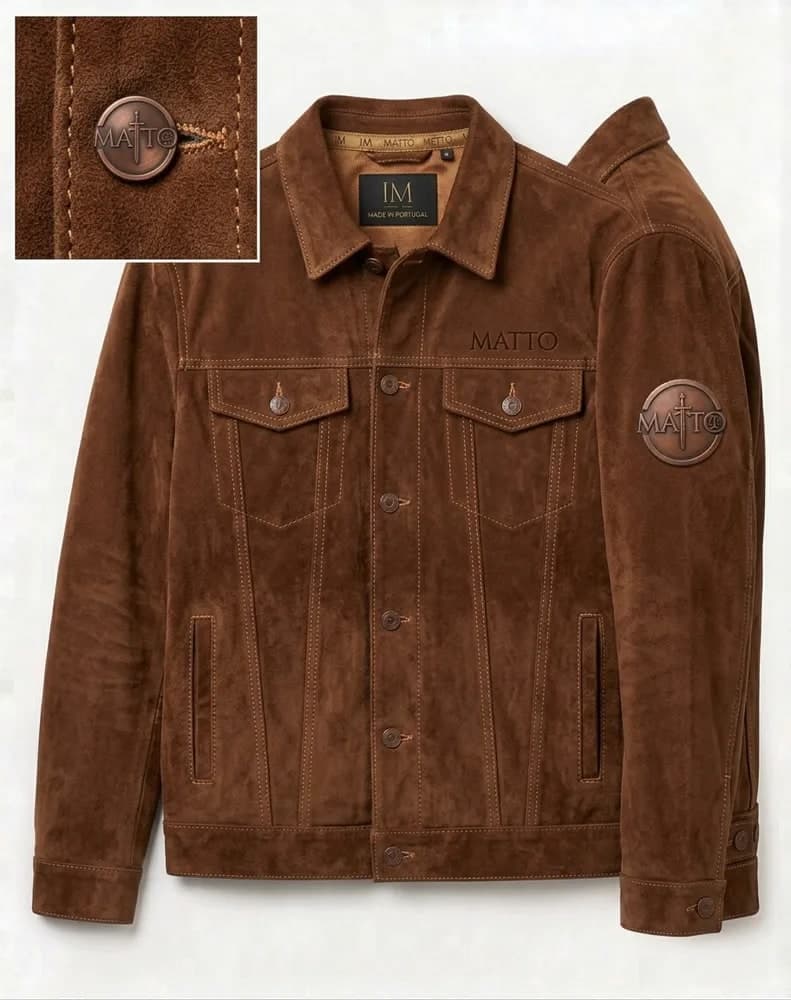 Brown suede Matto trucker jacket with a cast metal sleeve badge
