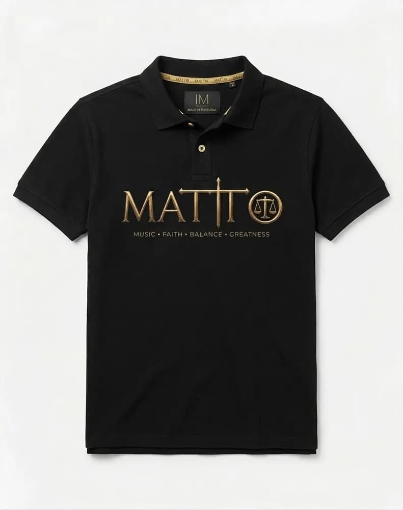 Black Matto polo shirt with the gold logo and branded collar