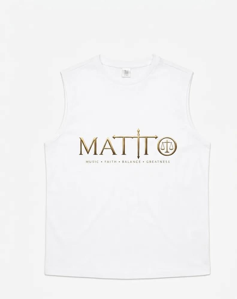 White sleeveless Matto tee with the gold logo