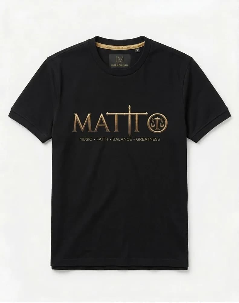 Black Matto tee with the gold logo across the chest