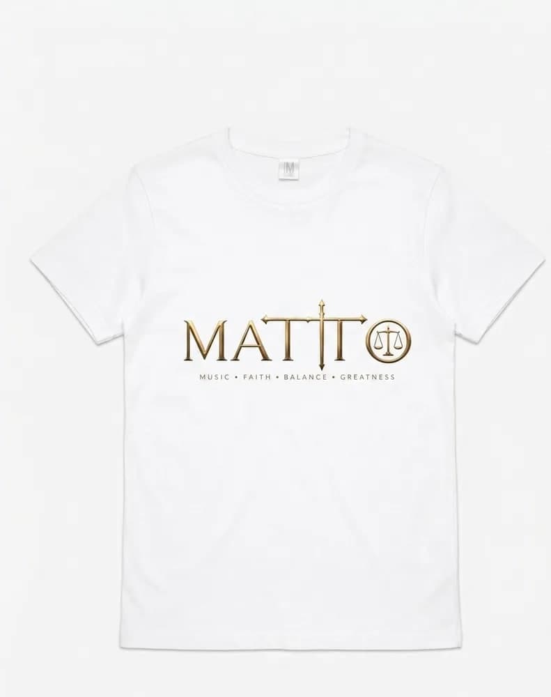 White Matto tee with the gold logo across the chest