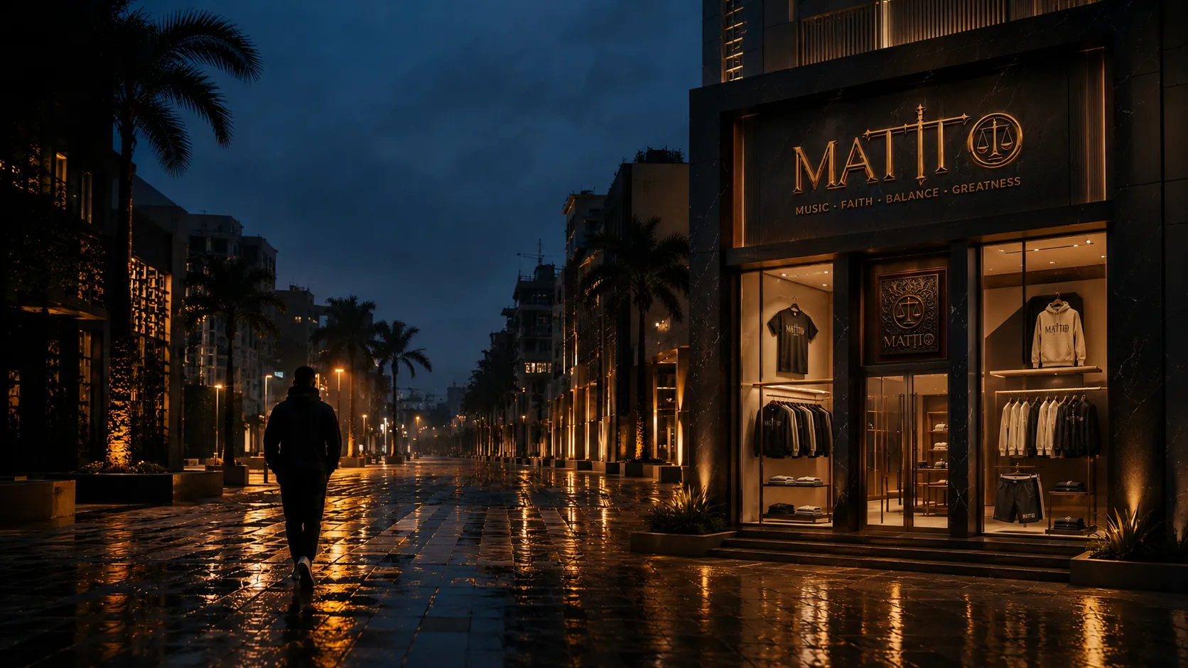 A figure walking a wet avenue at blue hour, the lit Matto storefront ahead
